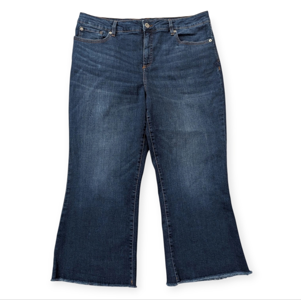 INC Denim Mid Rise Flare Cropped High Waist Dark Wash Jeans Size 18 Raw Hem